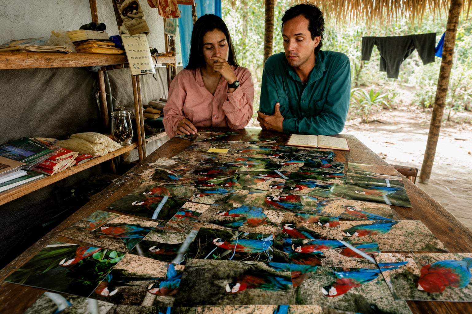 Researchers reviewing macaw identification photographs at a rainforest field station in the Peruvian Amazon