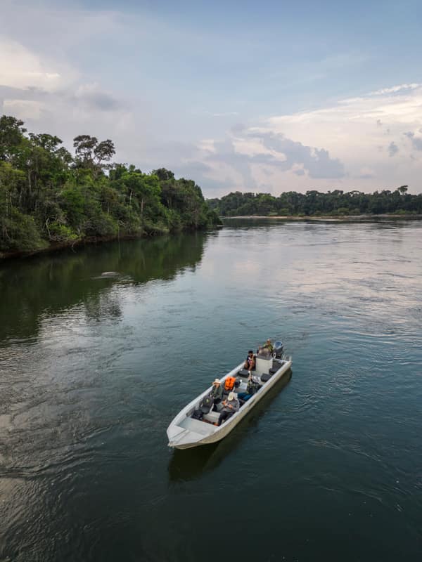 SouthWild Amazon Lodge, Beautiful aerial view to small tour boat on wild green Juruena amazon rainforest river