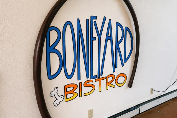 The Boneyard Bistro sign made of bone and antler at Waldo Arms