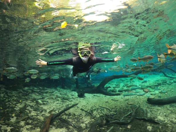 Snorkeling among tame fish in the crystal-clear waters of Rio da Prata