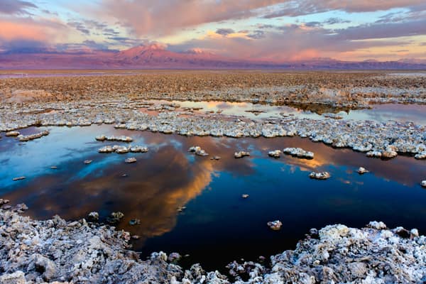 Reflective pools on the Atacama salt flat at sunset