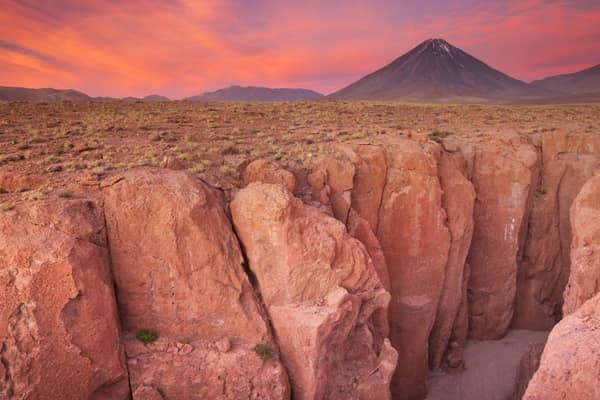 A narrow canyon below Licancabur volcano at sunset