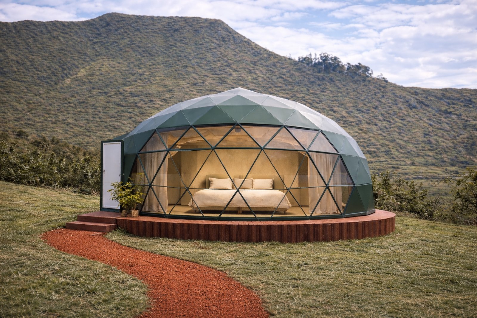 A single geodesic dome of Bear Canyon Lodge set against the Andean mountains