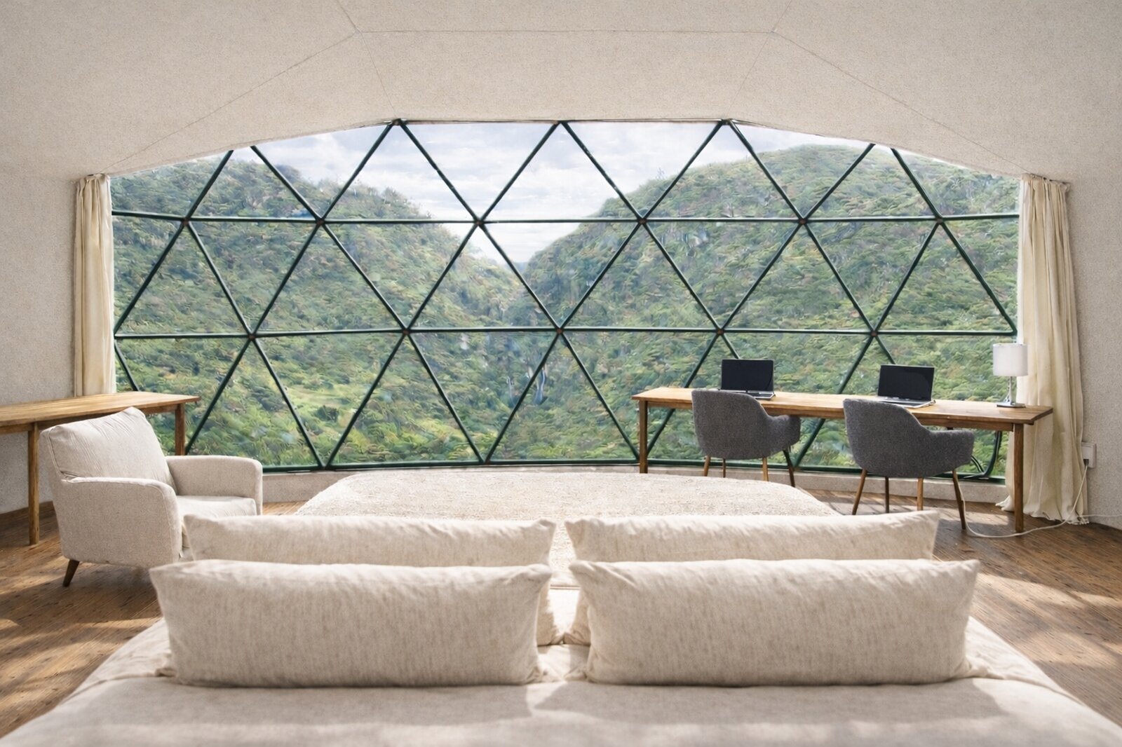 Interior view from a geodesic dome looking out over the Andean canyon