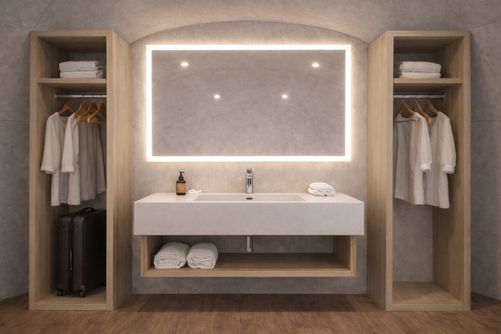 Bear Canyon Lodge bathroom with backlit mirror and twin wardrobes
