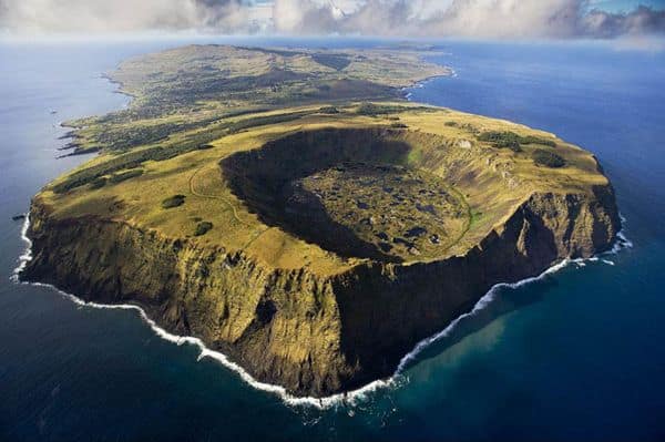 Aerial view of Easter Island and the Rano Kau crater