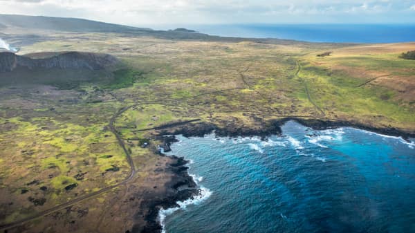 Aerial view of Easter Island's volcanic coastline