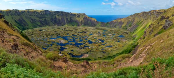 The Rano Kau volcano crater and wetland in Rapa Nui National Park