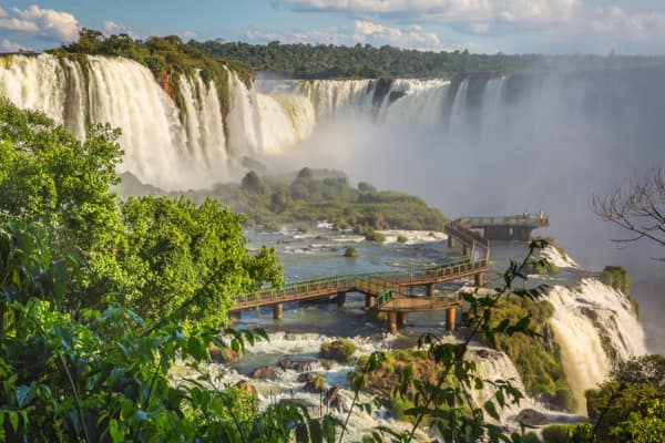 Walkways winding among the cascades on the Brazilian side of Iguassu Falls