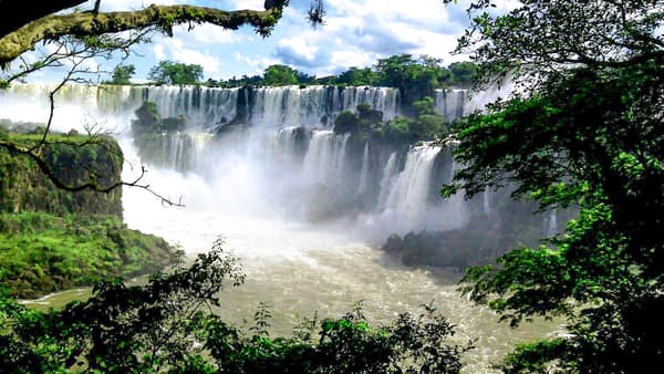 Curtains of water plunging into a misty canyon at Iguassu