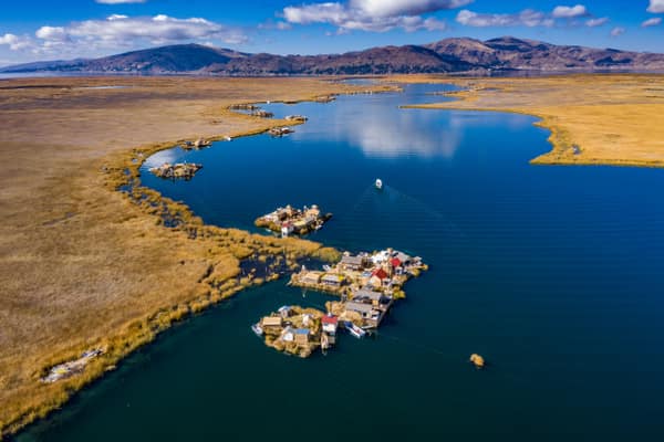 Aerial view of the Uros floating islands on Lake Titicaca