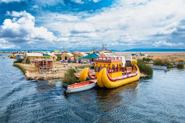 A traditional Totora reed boat near the Uros islands