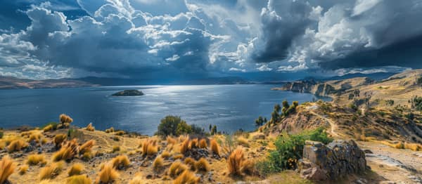 A panoramic view of Lake Titicaca under dramatic clouds