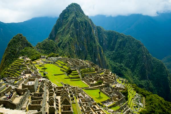 The classic view of the Machu Picchu citadel below Huayna Picchu