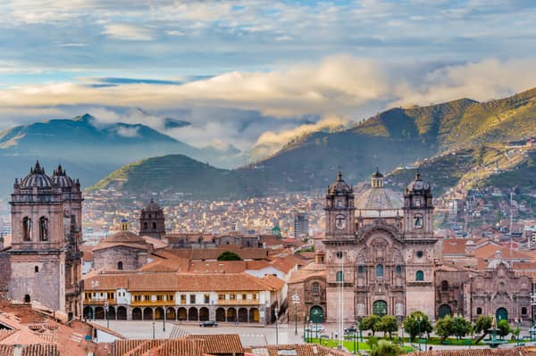 Cusco's cathedral and historic center at dawn