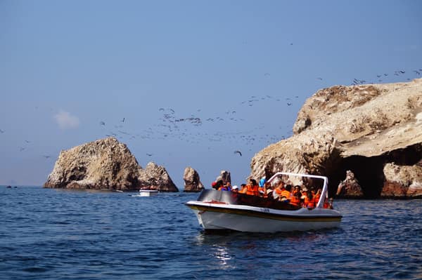 A tour boat among the seabird-covered Ballestas Islands