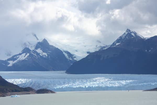 Snow-capped peaks above the Perito Moreno Glacier and lake