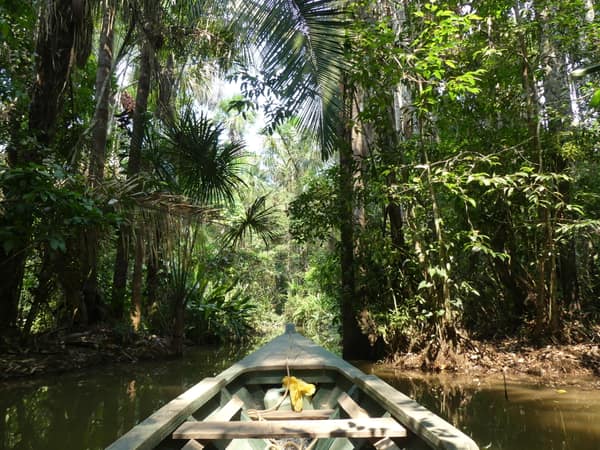 A dugout canoe on a narrow channel into Sandoval Lake