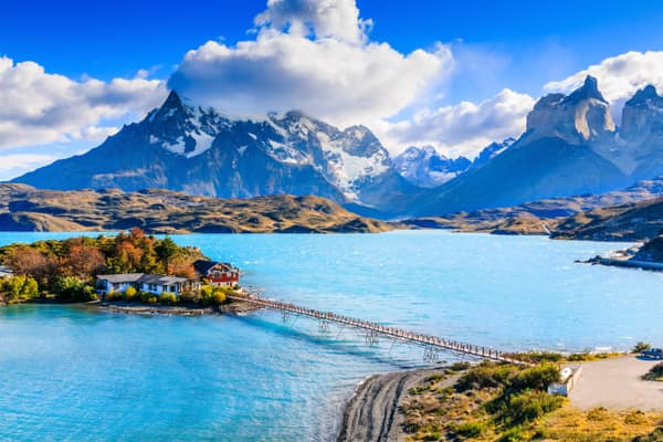 Lago Pehoé with its footbridge and the Paine Massif beyond