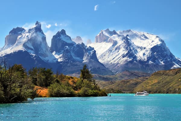 The Cuernos del Paine above the turquoise water of Lago Pehoé