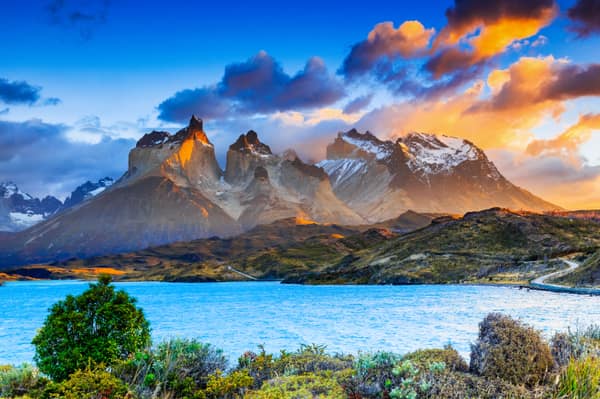 Sunrise light on the Cuernos del Paine over Lago Pehoé