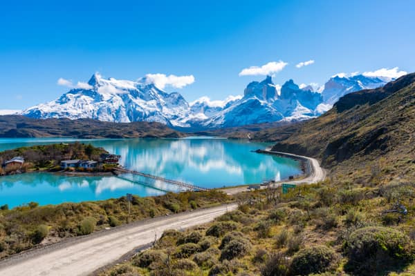 Panoramic view of Lago Pehoé and the snow-capped Paine Massif
