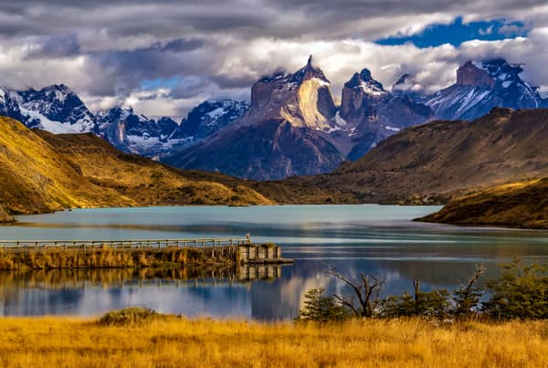 Lago Pehoé and the Cuernos del Paine under dramatic clouds
