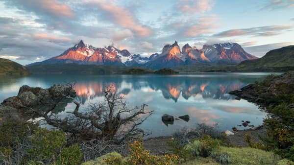 Sunrise reflection of the Cuernos del Paine in Lago Pehoé