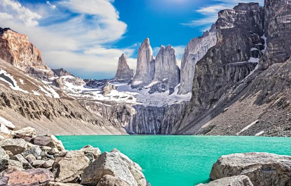 The three granite towers of Torres del Paine above the glacial lake