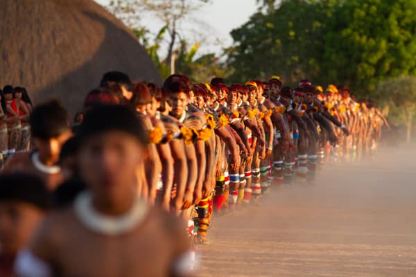 A long line of dancers in body paint and feather ornaments at sunset